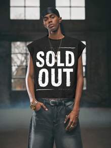 AXEPEAK Printed Letter Loose Round Neck Tank Top For Men, Streetwear Essential - Black - View 3