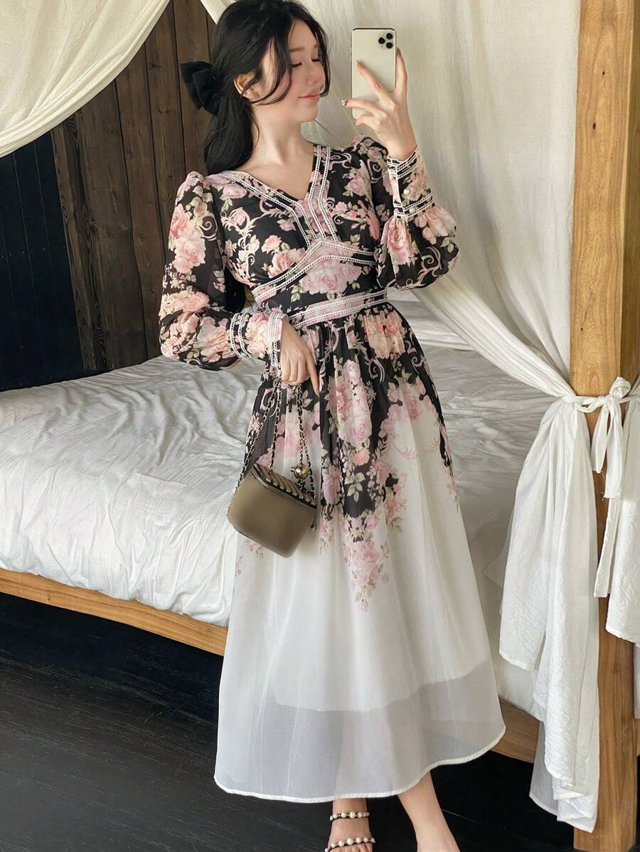 DAZY Women V-Neck Ombre Floral Print Long Sleeve Mid-Length Dress,Fall Dress