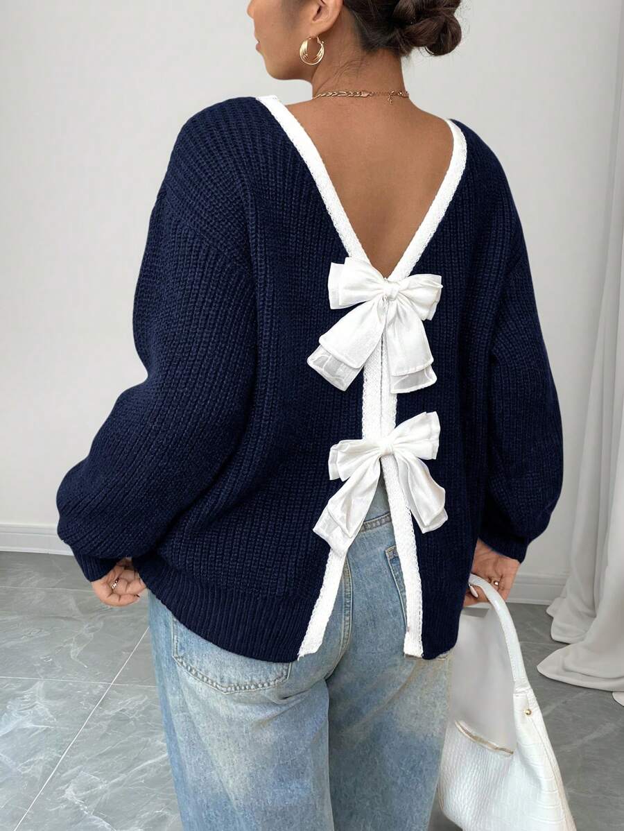 Celure 大码女式休闲时尚修身圆领蝴蝶结装饰长袖毛衣，秋冬针织套头衫