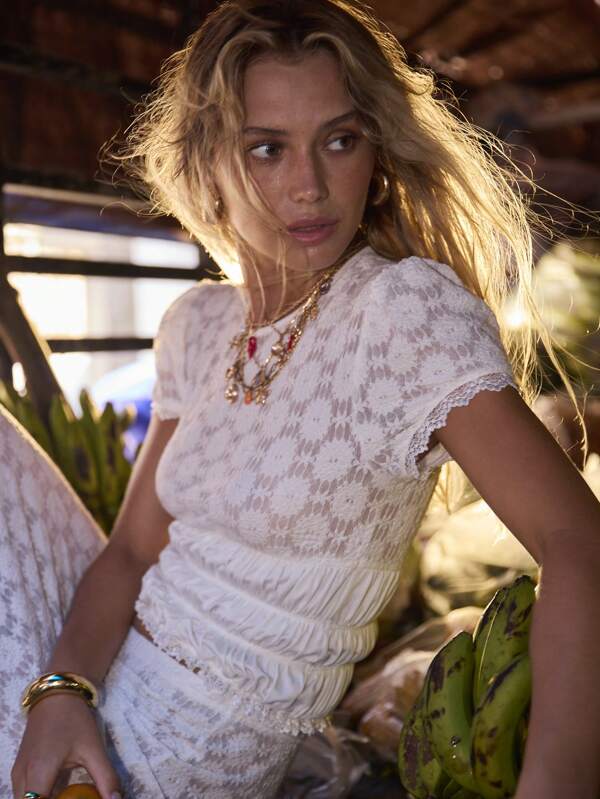 Aralina Lace White Boho Ruched Shirring Waist Summer Vacation Top