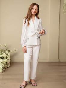 SHEIN Tween Girls Ramadan Special Elegant Beaded Tassel Decor Puff Sleeve Tie Front Blazer & Pants Set, Suitable For Daily Street Wear And Festivals, Spring & Autumn - White - View 3