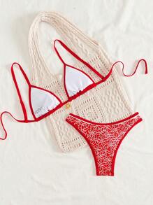 Swim Mod Lace Trim Triangle Cup & Embroidered Sunflower Print Triangle Panty 2 Pieces Set For Women For Summer Beach Vacation - Red - View 5