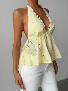 Aloruh Women's TYK Butter Yellow Cute V-Neck Side Tie-Up Revealing Back Ruched Embroidered Tank Top Women Summer Top Women Yellow Top Women Summer - Khaki - View 4