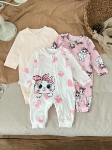 SHEIN 3pcs Newborn Baby Girl Cute Cartoon Pattern Knitted Long Sleeve Jumpsuit Set For Autumn/Winter - Multicolor - View 8