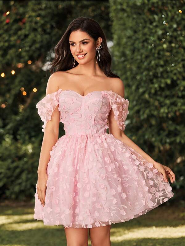 Lovelzi Vestido mini elegante y romántico con mangas abombadas, hombros descubiertos, bordados y malla rosa, adecuado para citas, fiestas de solteros, cumpleaños, bailes de graduación, bodas y eventos formales