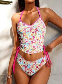 Swim Mod Women's Contrast Strap Ditsy Floral Drawstring Side Tank Top For Bikini, Beach, Vacation, Fresh And Cute For Summer - Multicolor - View 1