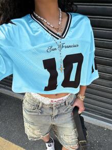 SHEIN EZwear Summer Blue Satin Contrast Mesh Cropped Printed T-Shirt