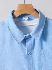 SHEIN 2 piezas Conjunto de camisa de manga corta y pantalón corto de niños adolescentes de textura de punto cómodo y casual, ropa de primavera