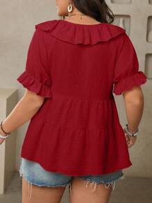 Linhara Plus Size Women Cotton Ruffle Collar Tie Front Short Sleeve Solid Color Shirt Blouse, Spring & Summer - Red - View 2