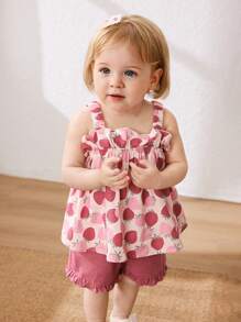 Cozy Pixies Baby Girl Strawberry Pattern Camisole Top And Solid Color Elastic Waist Shorts 2 Pieces Set