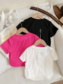 SHEIN Genkimix Kids 每包3件，女童休闲印花圆领短袖T恤，夏季可爱款 - 彩色 - 查看 2