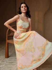 Anewsta Women's New Summer Camisole Long Dress With Waist Cinching And Yellow Floral Print