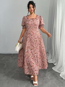 Modelyn Vestido evasé con cuello cuadrado y estampado de flores diminutas para tallas grandes - Multicolor - Ver 5