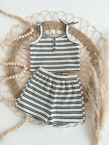 SHEIN Babygirl Cute Summer Casual Knitted Stripe Camisole Tank & Elastic Waist Shorts Set