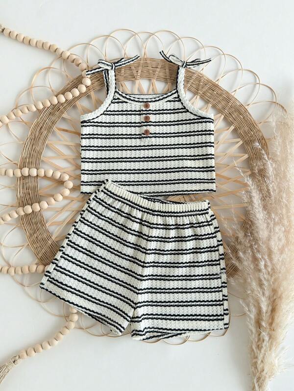 SHEIN Babygirl Cute Summer Casual Knitted Stripe Camisole Tank & Elastic Waist Shorts Set