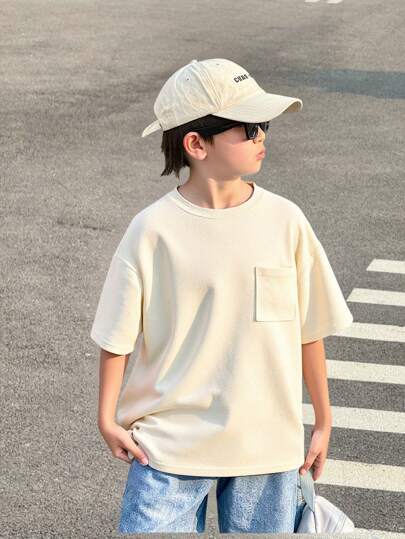 SHEIN Tween Boy Casual Waffle Textured Patch Pocket Short Sleeve Round Neck T-Shirt, Comfortable & Fashionable Minimalist Versatile, Soft & Cozy, Suitable For Spring & Summer, Daily Wear, Outdoor Play, School, Street Style, Party, And Leisure