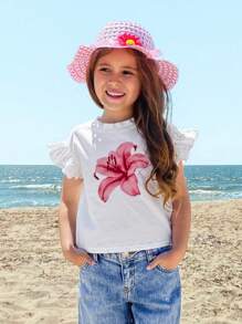 SHEIN Maglietta comoda a maniche corte con balze e fantasia floreale per ragazze, stile casual