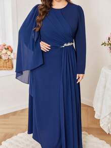 Modelyn Plus Size Women Elegant Pearl Rhinestone Decor Bodycon Round Neck Event Dress Fall Cloth For Women - Navy Blue - View 4
