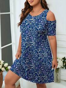 EMERY ROSE Plus Size Women Floral Print Off Shoulder Summer Holiday Dress,Sun Dresses For Women Suitable For Going Out,Flower/Vacation/Spring - Blue - View 4