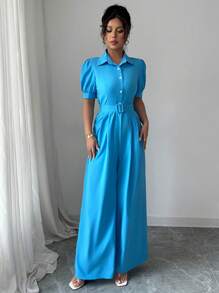 Elenzga Women's Solid Color Puff Sleeve Button-Up Placket Casual Jumpsuit - Blue - View 4