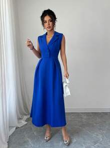 Chiquease Women Solid Color Lapel Neck Single-Breasted Sleeveless Elegant Dress - Blue - View 5