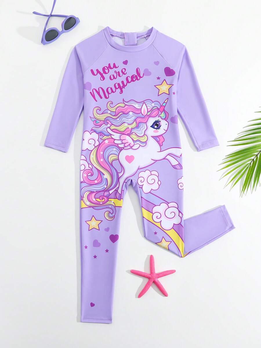 SHEIN Traje de baño de manga larga y pantalones con diseño de unicornio y arcoíris para niñas/bebés, ideal para parques acuáticos y diversión en el agua - Multicolor - Ver 1