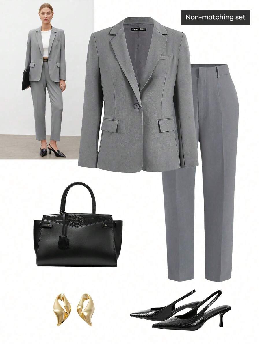 BizChic Áo khoác Blazer ve áo trơn màu dành cho nữ (Không bao gồm áo), Trang phục công sở, Áo khoác trang trọng cơ bản dài tay cho mùa thu - Xám - Xem 1