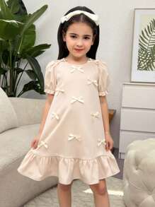 SHEIN Leap Crew Young Girl Casual Fitted Elegant Minimalist Bow Decor Puff Short Sleeve Loose A-Line Splice Frill Trim Round Neck Relaxed Woven Solid Color Dress - Apricot - View 2