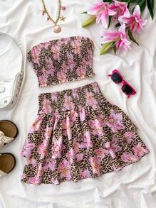 SHEIN Leap Crew Teen Girls Leopard & Floral Print Tube Top + High Waist Layered Ruffled Hem Mini Skirt 2 Pieces Set, Vacation Casual Outfit - Multicolor - View 8