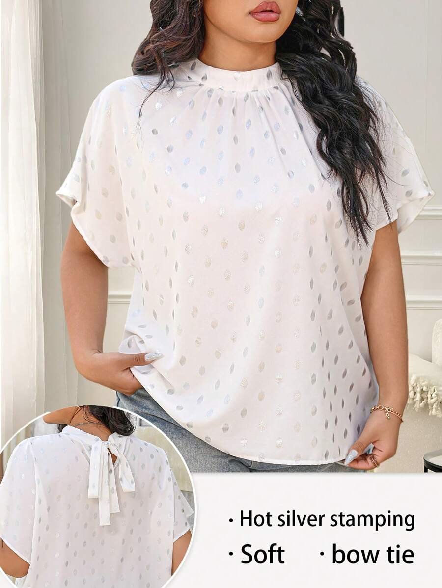 Calvaya Plus Size Women's Elegant Stand Collar Bowknot Loose Silver Printing Blouse