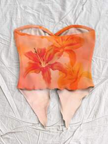 Soleia 2pcs Women Casual Summer Vacation Style Corset Top, Featuring Yellow Tie-Dye Pattern & Orange Tropical Flower Print, Asymmetrical Hemline, Suitable For Spring/Summer Holiday Tube Top