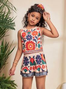 SHEIN Tween Girls Casual Fitted Vacation Beach Tropical Floral Print Crop Top And Printed Shorts Set