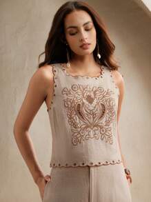 Anewsta Bộ 2 món áo thun thêu rỗng màu trơn thanh lịch dành cho nữ và quần ống rộng/quần dài, mùa xuân/hè, thích hợp cho lễ hội, tốt nghiệp - Màu Khaki - Xem 4