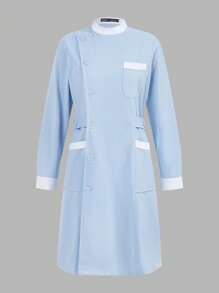 Scrubzie Blue & White Collar Nurse Uniform Dress, Long Sleeve Single Button Up