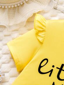 2pcs/Set Girls Casual Ruffle T-Shirt Top & Floral Print Shorts Set, Holiday Vacation - Yellow - View 8
