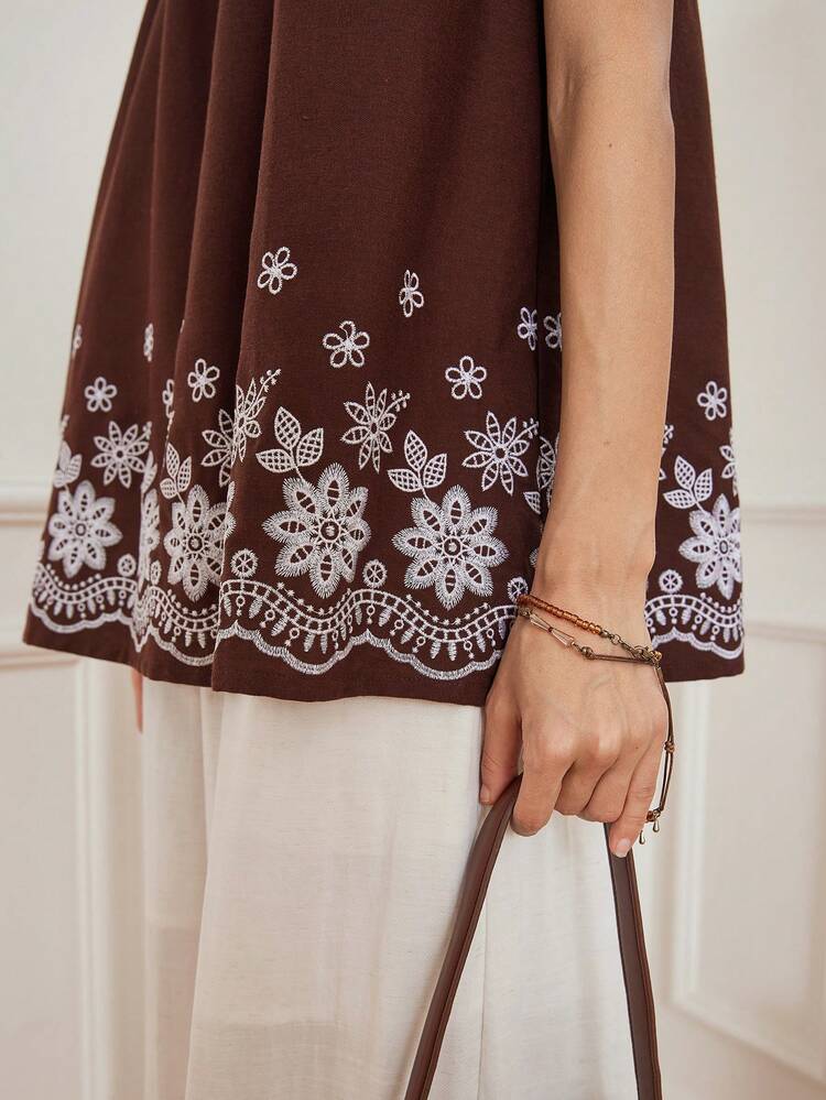 Women's Summer Casual Linen Embroidery Floral Print Drawstring Tie Front Shirt Blouse For Holiday Boho