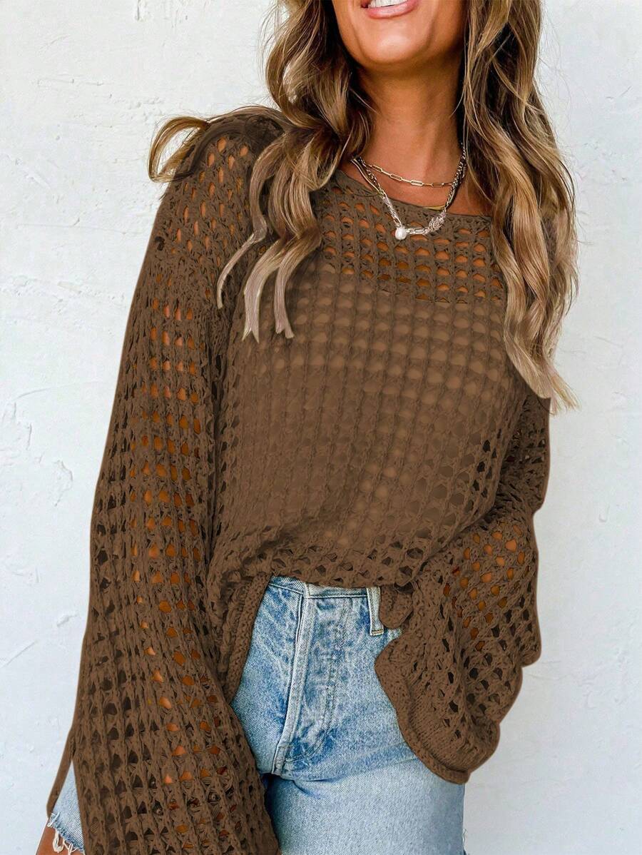 EMERY ROSE New Loose Vintage Style Hollow Out Solid Color Knit Sweater Fall Winter Cloth For Women - Bronze - View 1