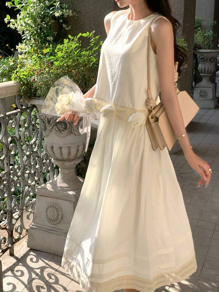 SHEIN X Hannahelzahed Women's Lace Patchwork Blouse, Rose Decorated Camisole & A-Line Skirt 2 Pieces Set, Woodlands Style, Spring/Summer