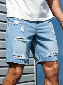 Manfinity Homme Men's Loose Casual Ripped Pocket Denim Shorts, Versatile  Blue Short Jeans Ripped Jean Shorts Men