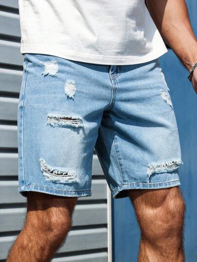 Manfinity Homme 男士宽松休闲破洞口袋牛仔短裤，百搭