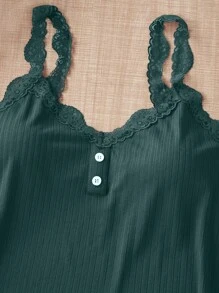 SHEIN 加大码三件套纯色蕾丝纽扣装饰吊带背心上衣短裤和长裤睡衣套装 - 青碧色 - 查看 6