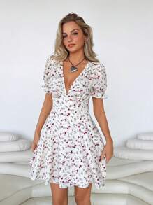 Roylia Đầm ngắn tay bồng cổ chữ V nhún eo thanh lịch cho nữ - Nhiều màu - Xem 3