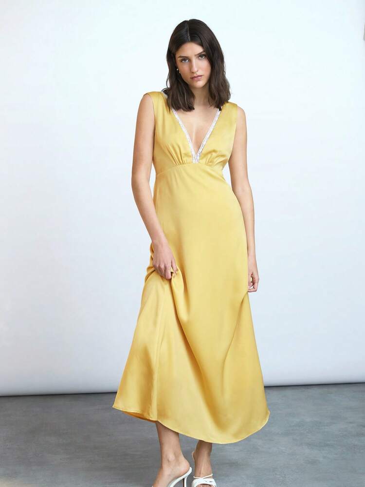 SHEIN Maija 2025 Summer New Cream Yellow Lace Patchwork Sleeveless Dress, Sexy Urban Elegant Business Casual Commuting, Fits Wedding Guest, Airport, Party, Music Festival, Beach, Brunch, Office, July 4th, Daily Versatile