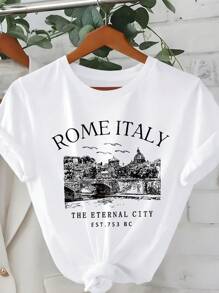 SHEIN EZwear Plus Size Women Summer Slogan Print Round Neck Short Sleeve Casual T-Shirt - White - View 1