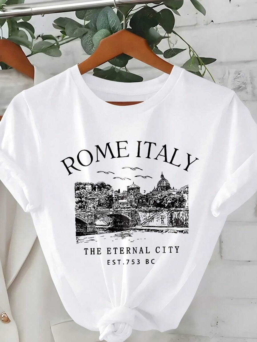 SHEIN EZwear Plus Size Women Summer Slogan Print Round Neck Short Sleeve Casual T-Shirt - White - View 1