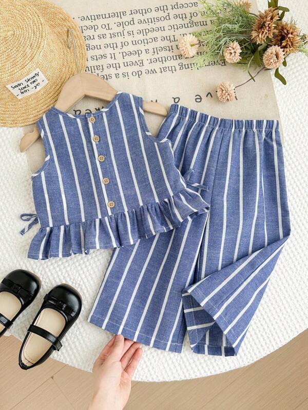 SHEIN LMoss Kids Set 2 buc. bluză cu dungi țesute, guler rotund și pantaloni lungi casual lejeri pentru bebeluși și fetițe