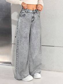 SHEIN Jeans azul marino de pierna ancha y suelta para adolescentes - Gris Claro - Ver 5