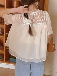 DAZY Áo dài tay lưới ren tương phản cho nữ - Màu be - Xem 9