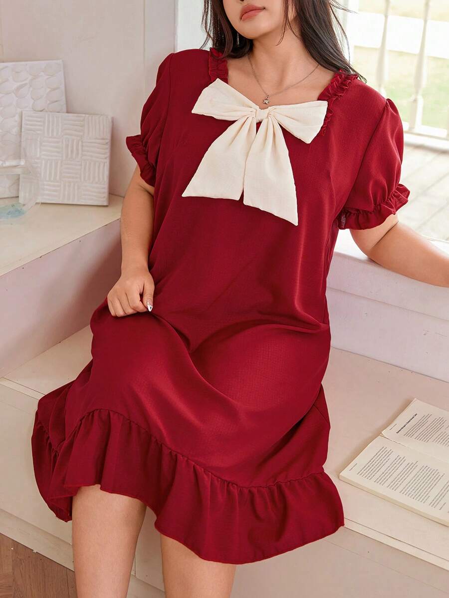 Dream Adore Plus Size Wine Red & White Contrast Color Bowknot Decor Square Collar Ruffle Puff Sleeve Nightgown Maxi Dress, Plus Size - Burgundy - View 1