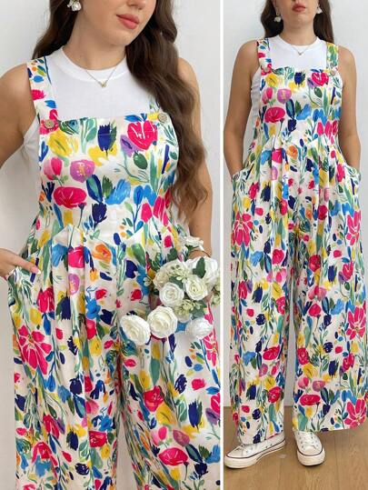 Flirla 大码度假宽松裤，新款水彩印花彩色吊带女式连体裤，侧袋宽松休闲阔腿裤